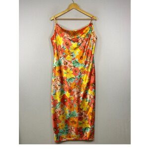 Y2K Tropical‎ a...love story XL Orange Floral Cowl Neck Satin Midi Slip Dress